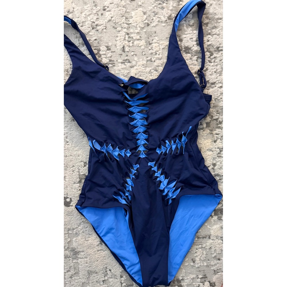 Becca Navy Blue Laser Cut Lattice One Piece Swimsuit Monokini Womens medium